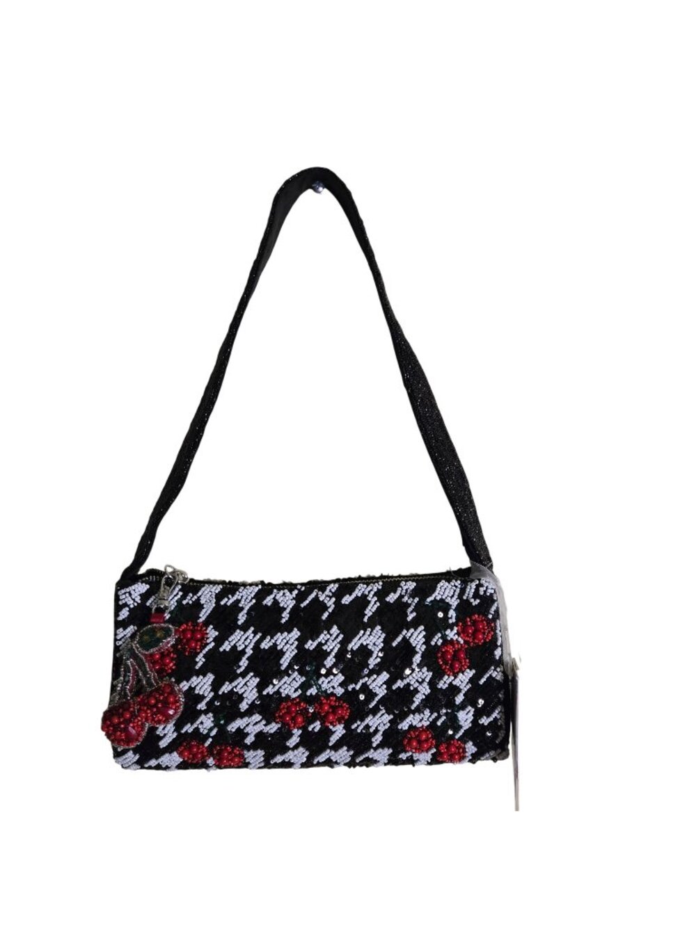 NWT Viral Handcrafted In India Black White Beaded Cherry Purse Bag Charm 10"x5"